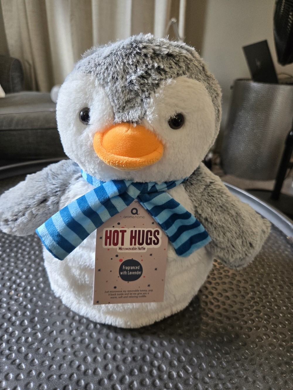 Aroma Home Gray & White Penguin Plush with Orange Beak and Blue Scarf
